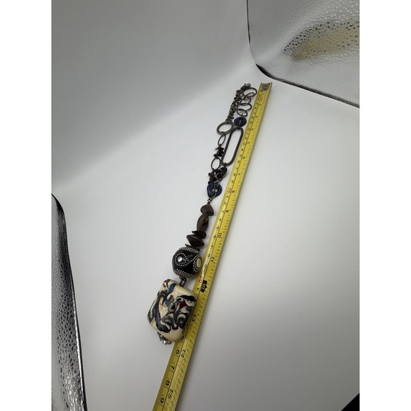 Landra Mixed Media Asymmetrical Statement Necklace Marbled Pendant Magnetic 26in - Picture 5 of 6